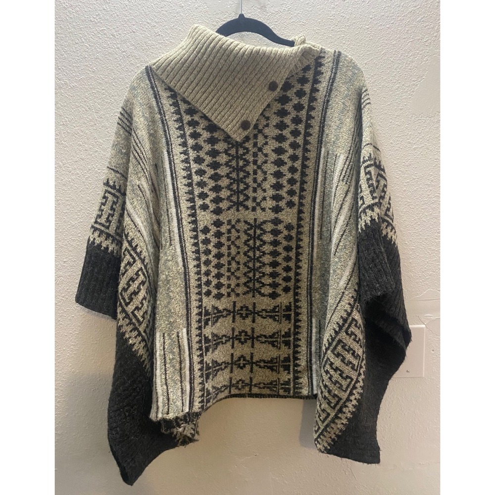 YAIRA Cowl Neck Geometric‎ Print Poncho Sweater One Size Fits Most/S